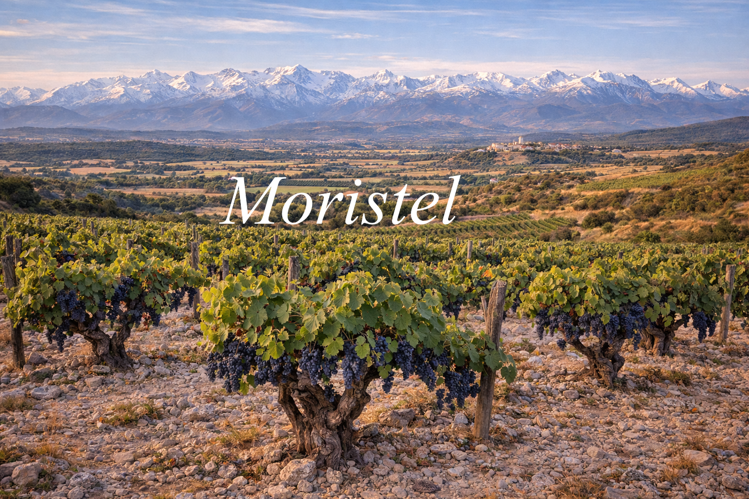 Viñedos Moristel laderas Somontano Pirineos aragoneses al fondo