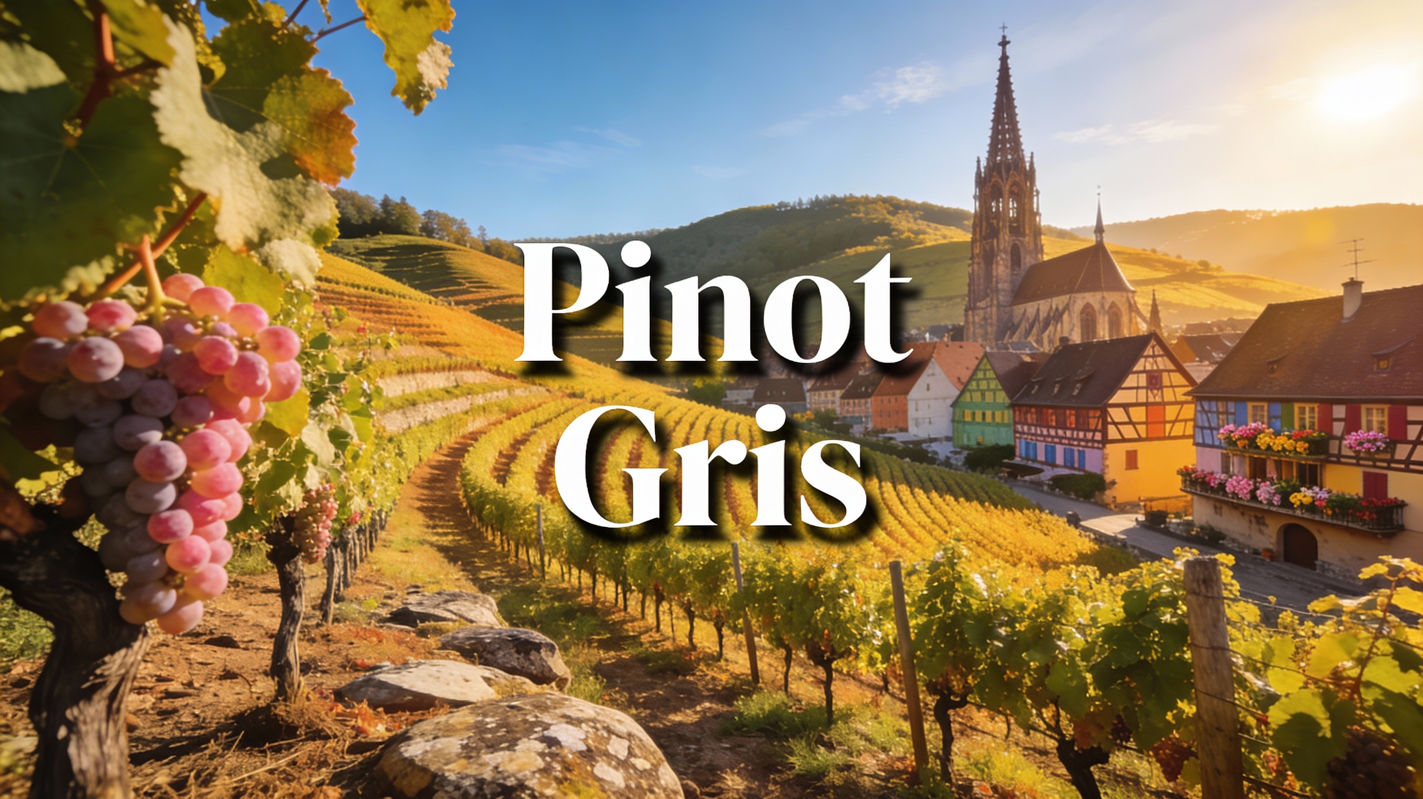 Viñedos de Pinot Gris en las colinas soleadas de Alsacia con pueblos con arquitectura tradicional