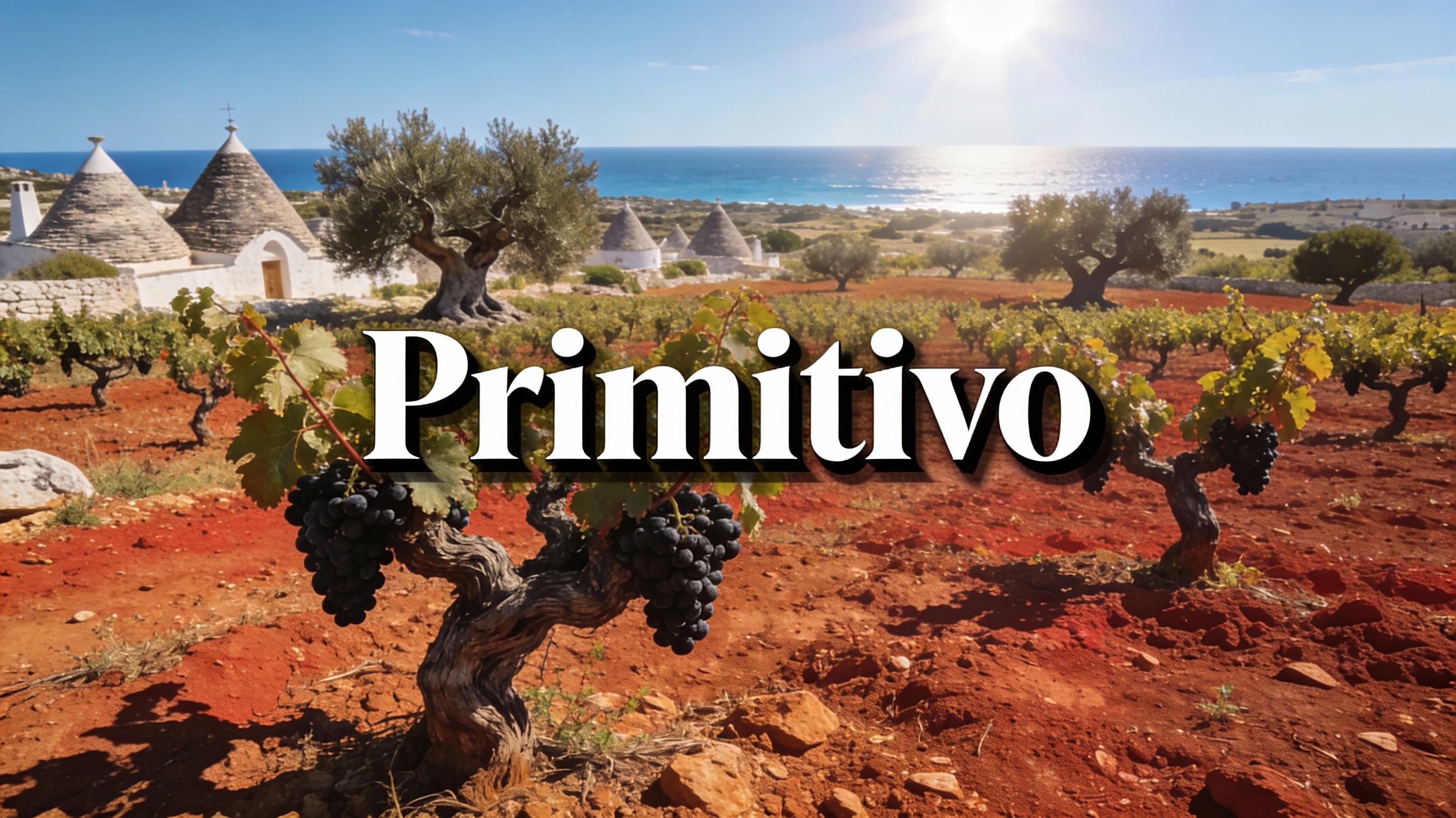 Viñedos antiguos de Primitivo en las tierras rojas de Puglia, bajo el sol del sur de Italia