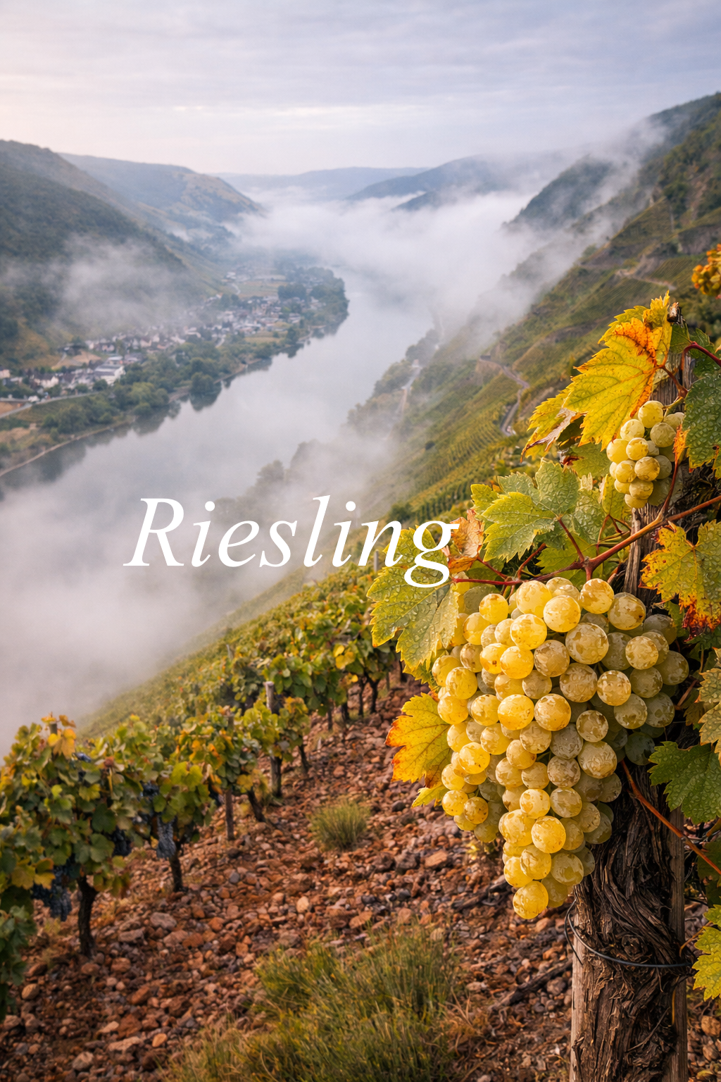 Viñedos Riesling Mosela Alemania laderas escarpadas río Rin niebla