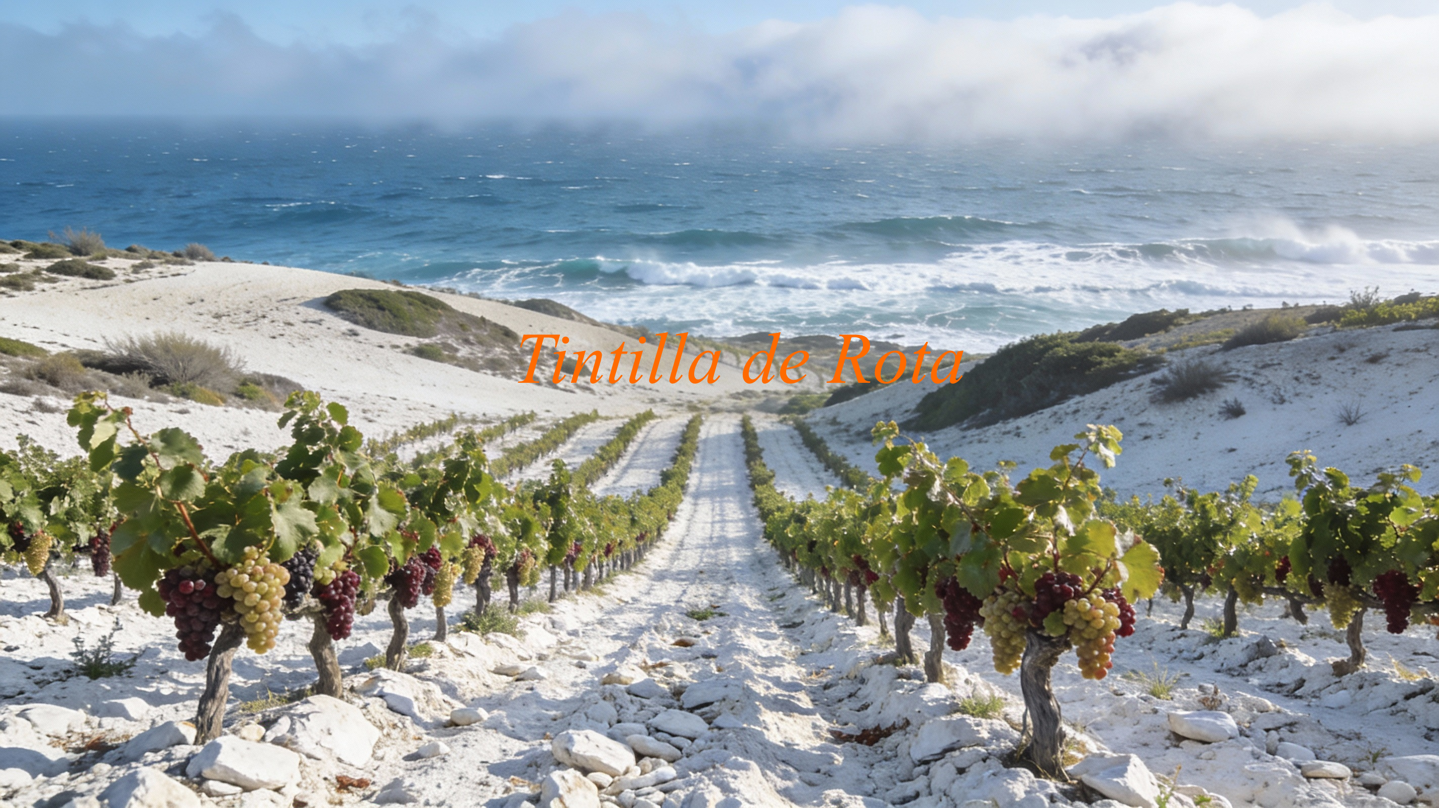 Paisaje de viñedos en Cádiz cerca de Rota, con luz atlántica y suelos característicos