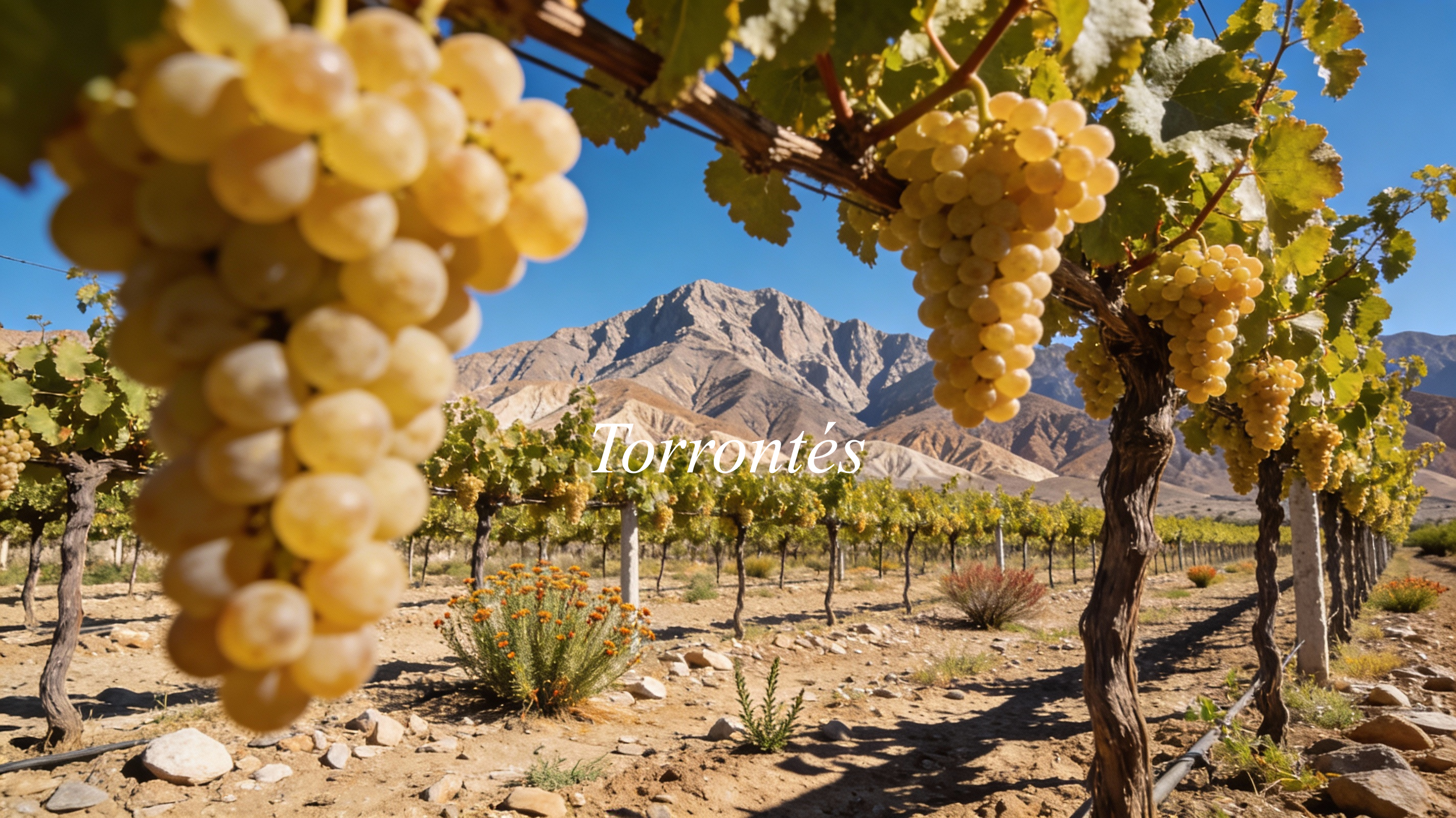 Viñedos de Torrontés en Argentina, con paisaje de montaña y luz clara