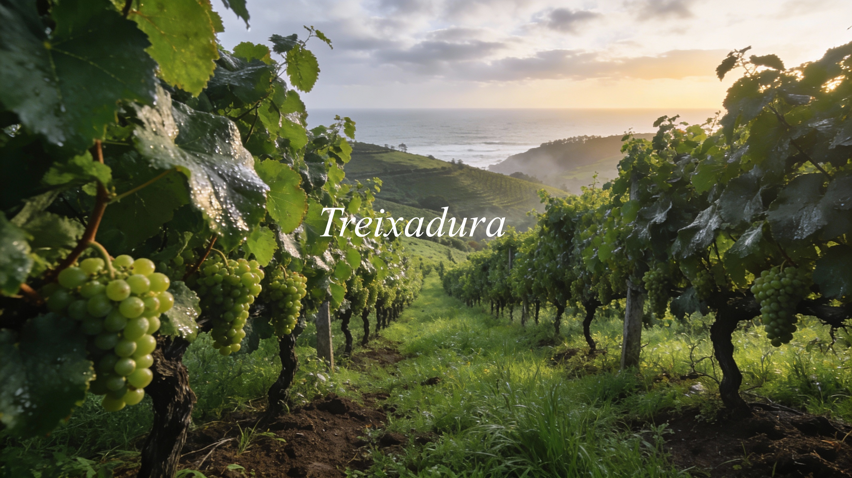 Viñedos atlánticos de Treixadura en Galicia, con paisaje verde y luz suave