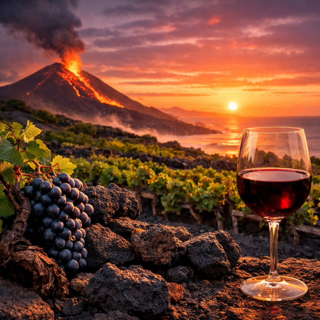 Listán Negro: viñedo volcánico canario al atardecer