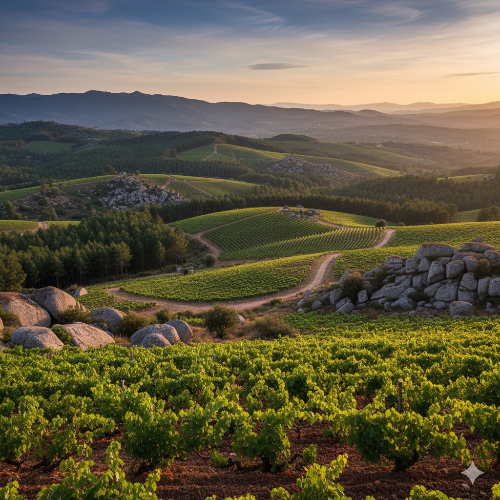 Paisaje de la región Dão con viñedos de Encruzado entre bosques de pinos y suelos graníticos