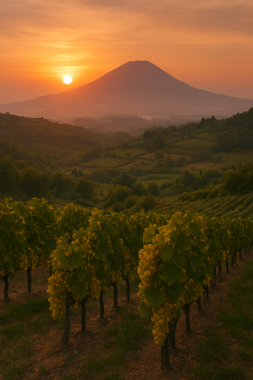 Paisaje volcánico de las colinas de Avellino con viñedos de Fiano al atardecer