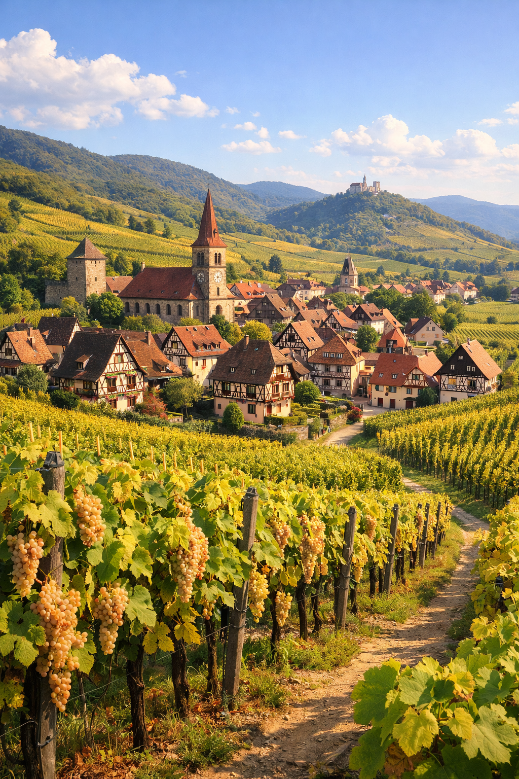 Paisaje alsaciano con viñedos de Gewürztraminer y pueblos con arquitectura tradicional