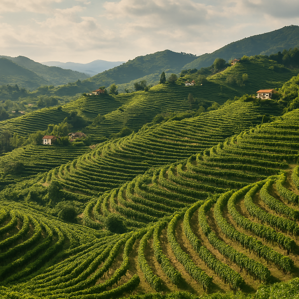 Paisaje de las colinas de Valdobbiadene con viñedos de Glera en terrazas