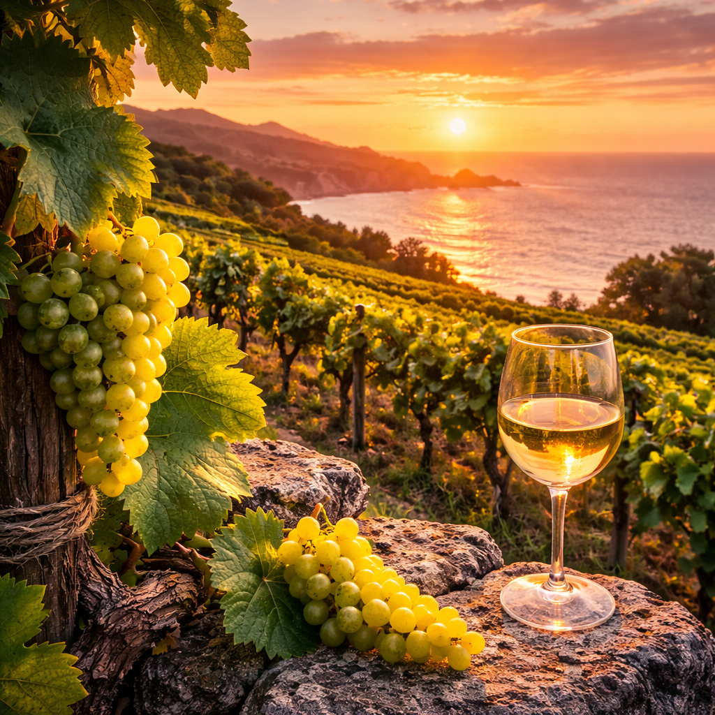 Loureira: viñedo atlántico gallego al atardecer
