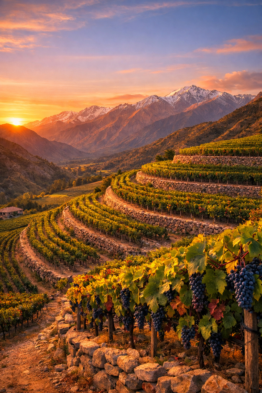 Paisaje de viñedos de Malbec al pie de la cordillera de los Andes