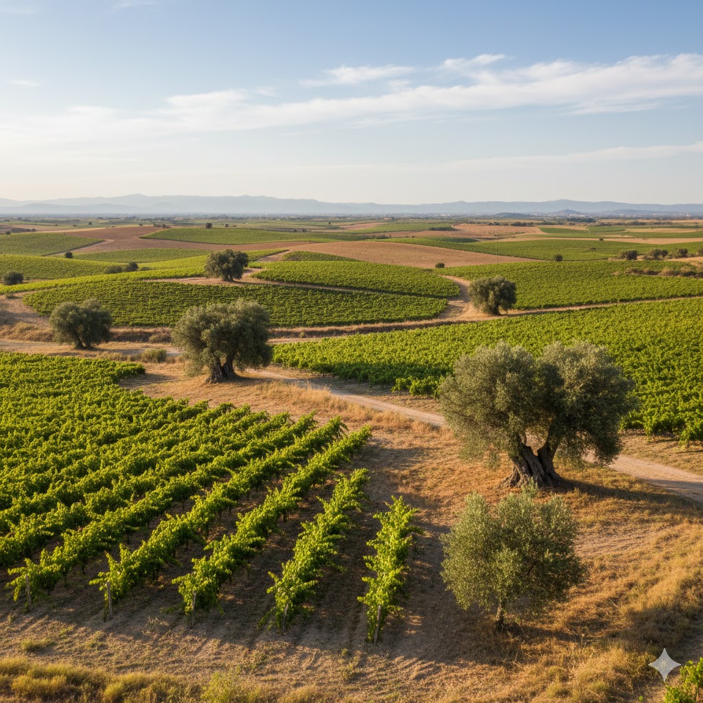 Paisaje de viñedos Malvar en la meseta madrileña con olivos