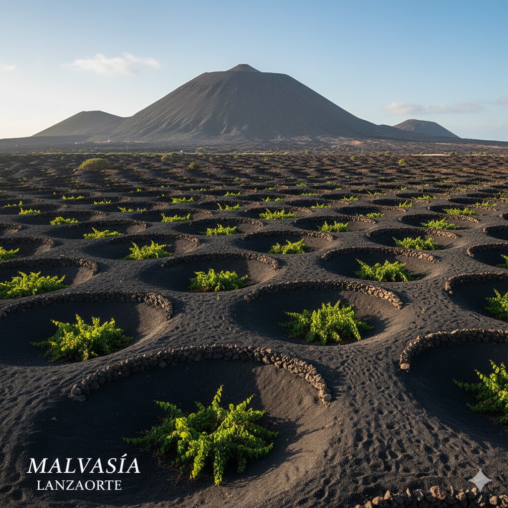 Paisaje de La Geria en Lanzarote con viñedos de Malvasía Volcánica entre conos volcánicos