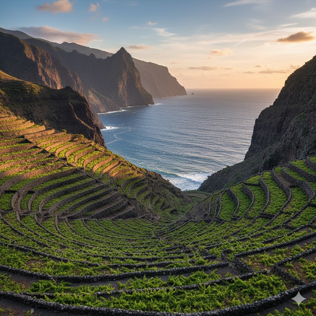 Terrazas de Marmajuelo en La Gomera con acantilados atlánticos