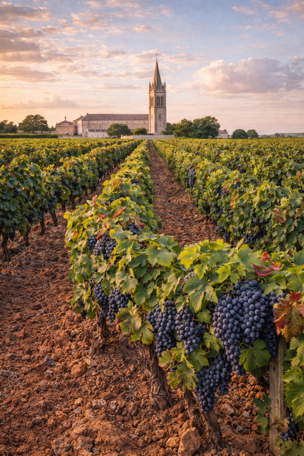 Château Pomerol viñedos Merlot con torre Iglesia al fondo