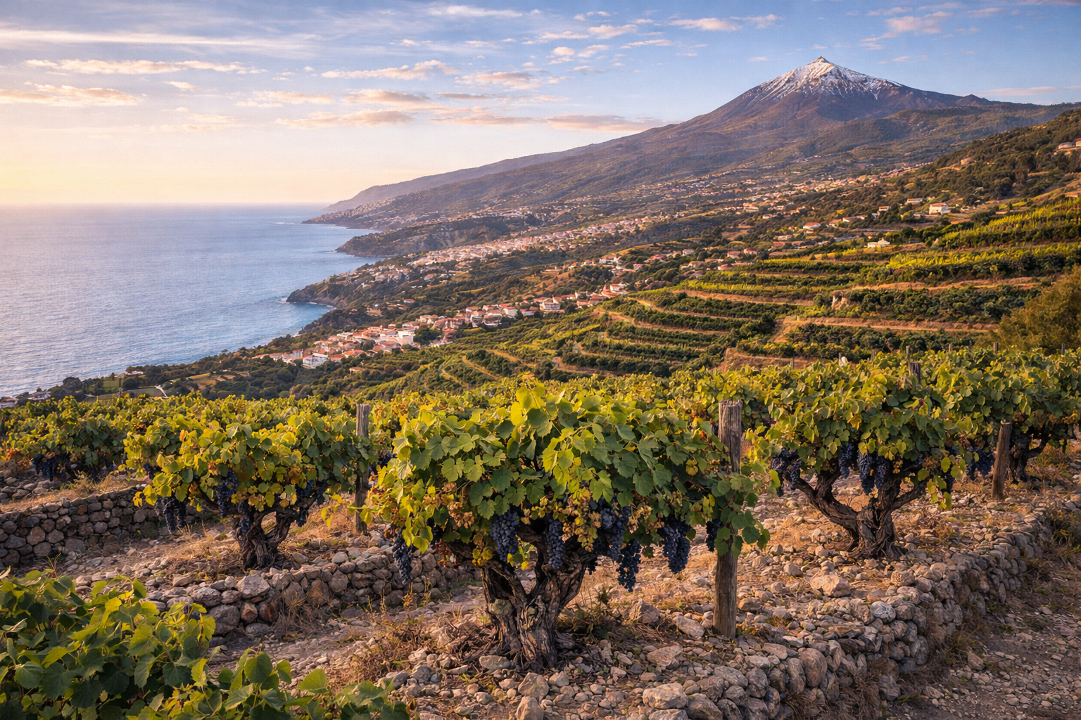 Viñedos Negramoll Tacoronte Teide horizonte mar