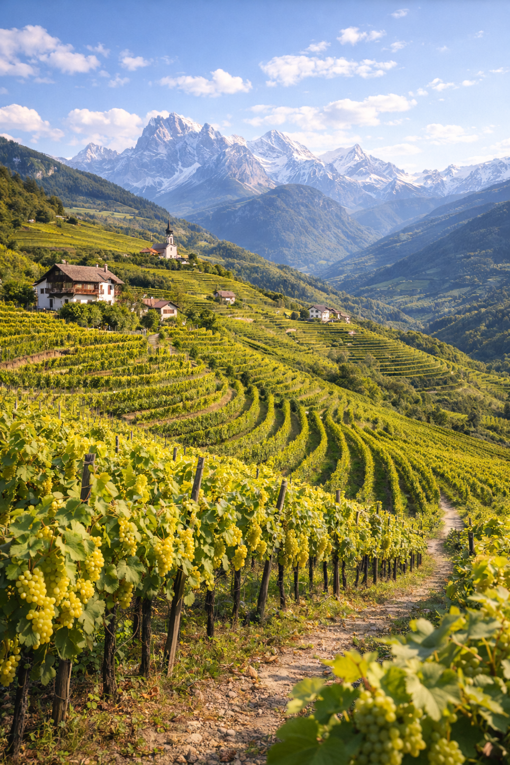 Paisaje de viñedos de Pinot Grigio en las colinas del Alto Adige con los Alpes al fondo