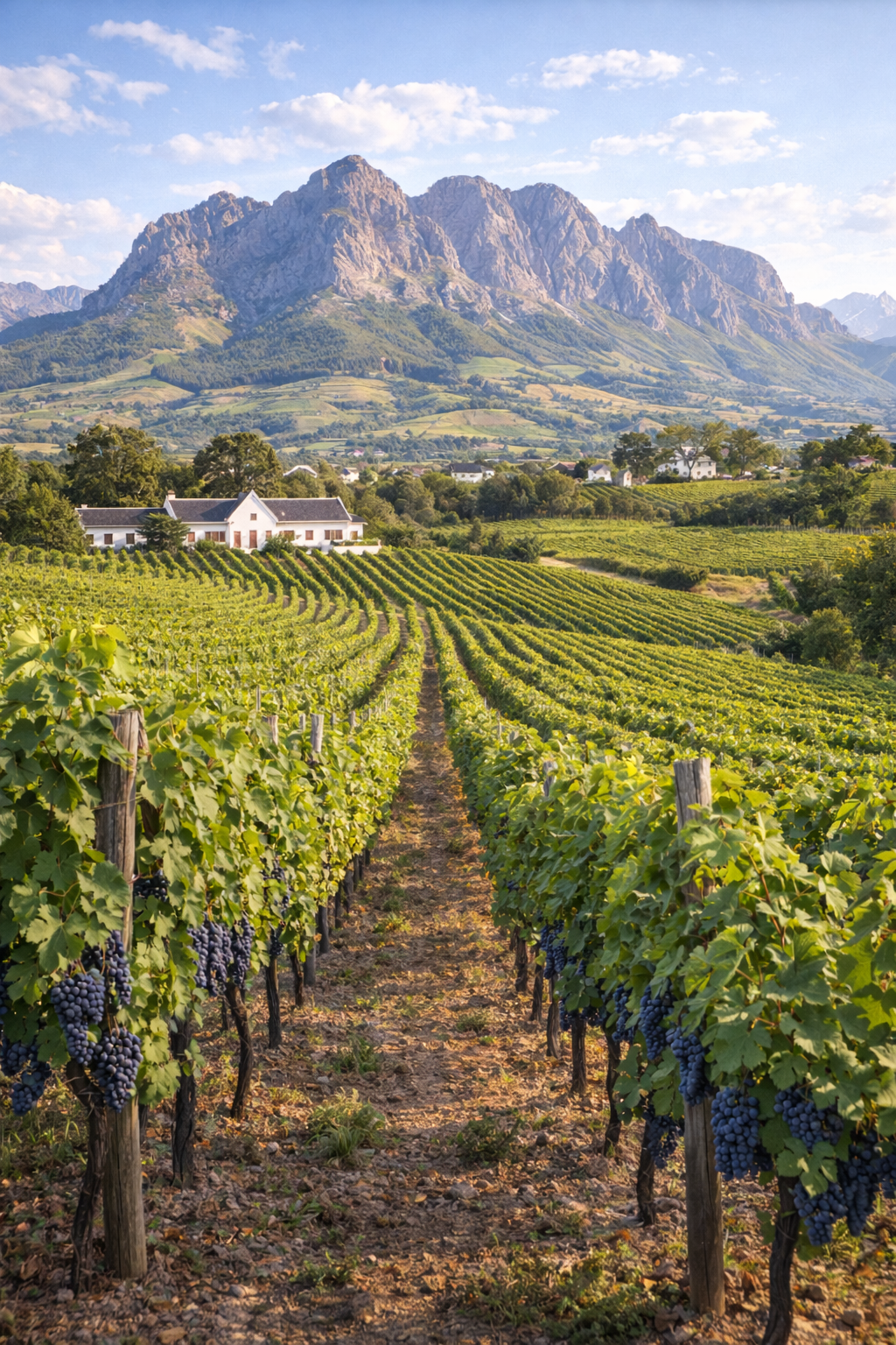 Paisaje sudafricano con viñedos de Pinotage y montañas de Stellenbosch al fondo