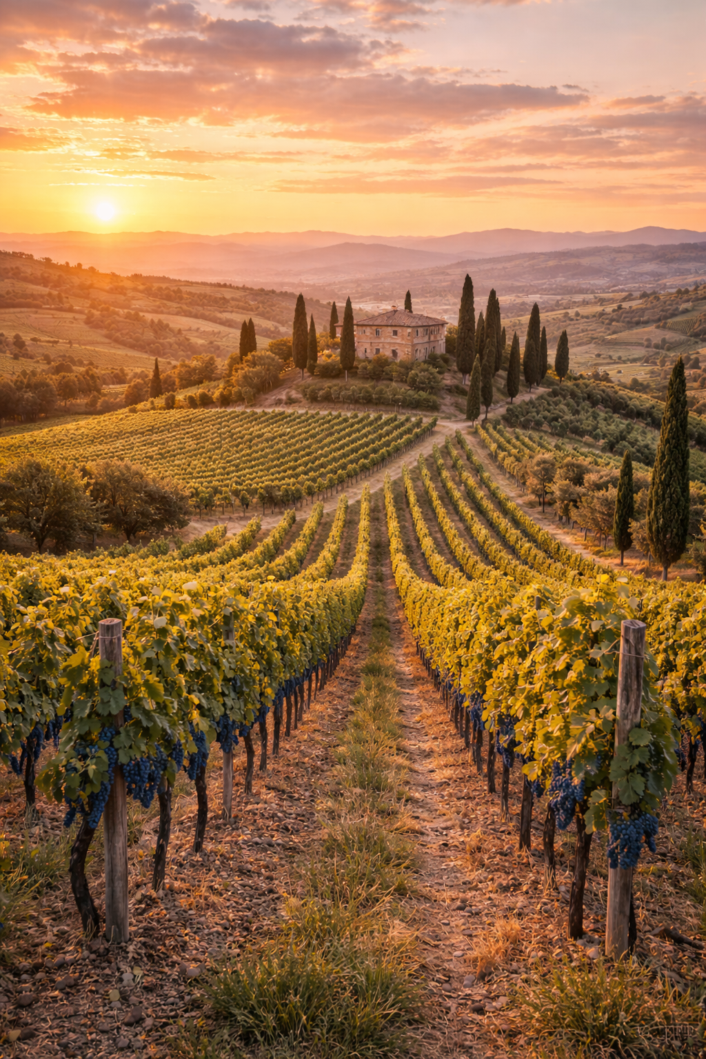 Paisaje toscano con viñedos de Sangiovese, cipreses y colinas al atardecer