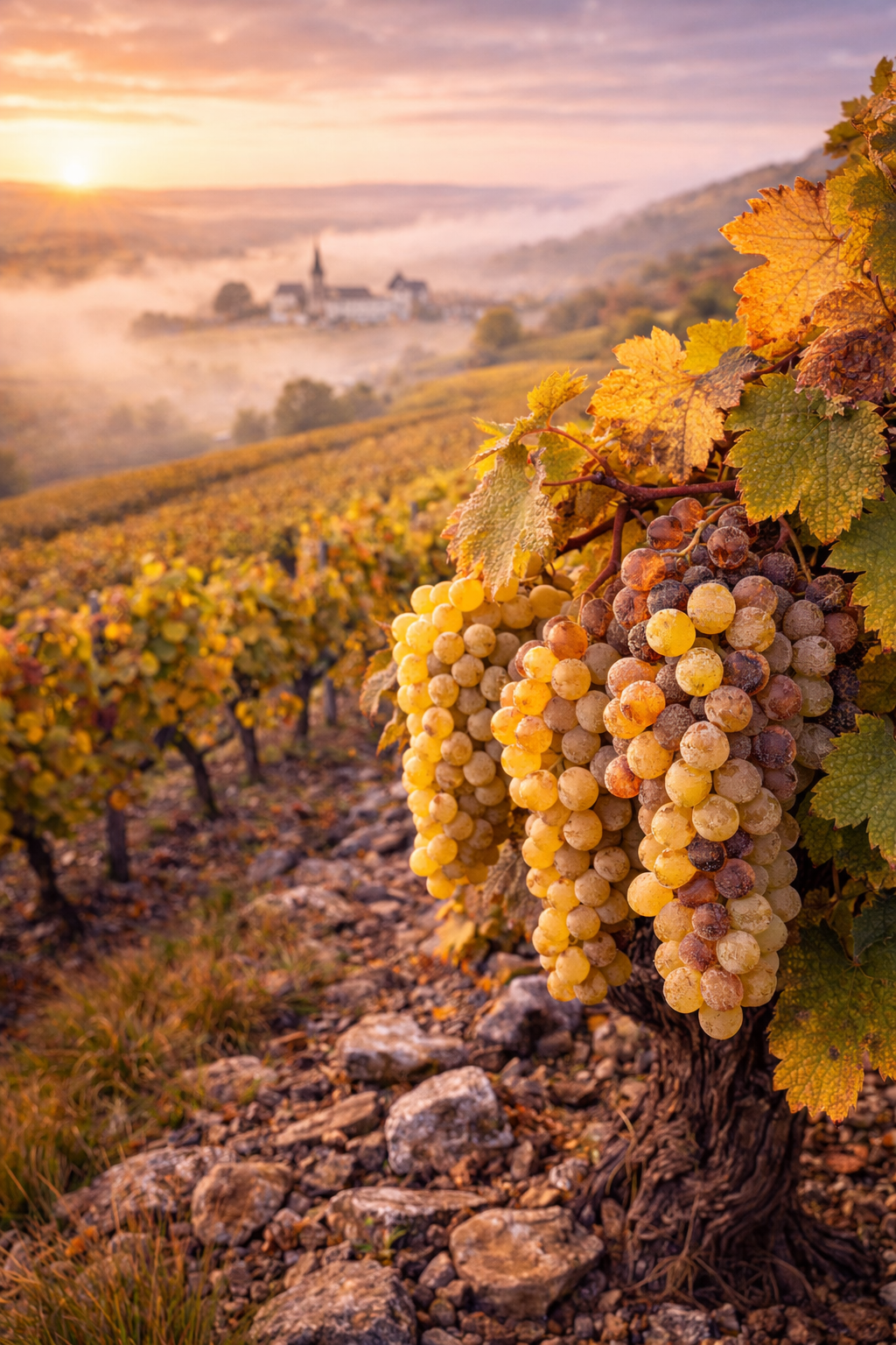 Viñedos Semillón en Sauternes durante la vendimia de botrytis