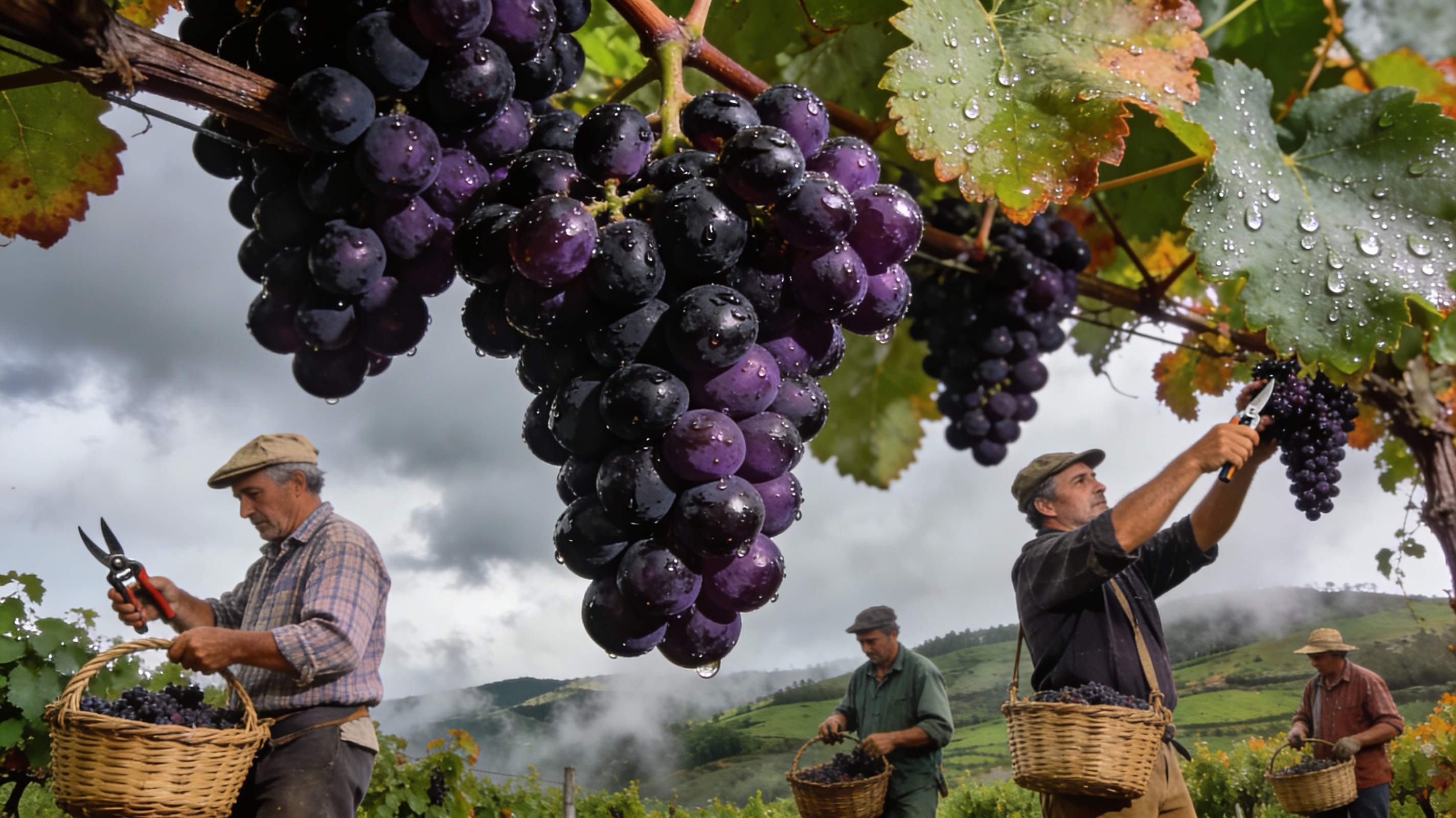 Vendimia de Sousón en Galicia, con racimos oscuros listos para bodega