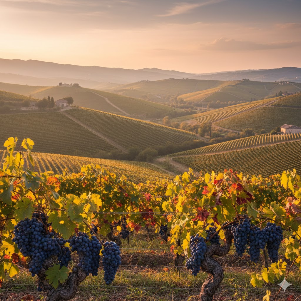 Paisaje de viñedos de Syrah en una región vinícola, con luz cálida y colinas