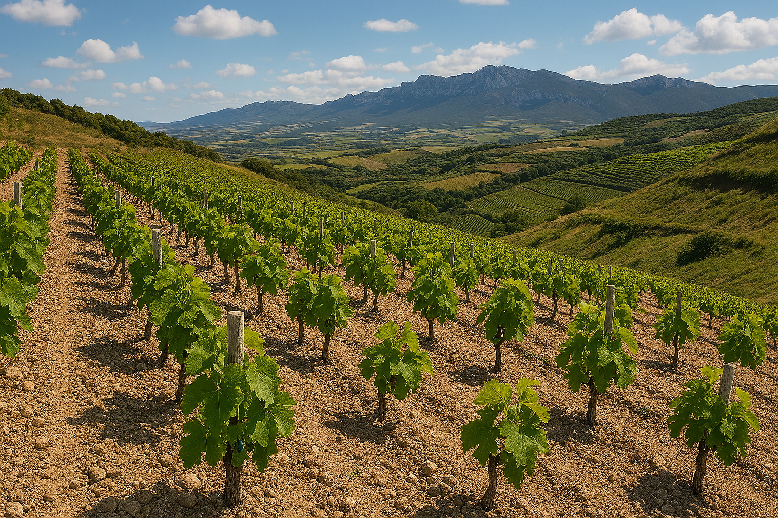 Viñedos jóvenes de Tempranillo Blanco en las laderas de Rioja Alavesa