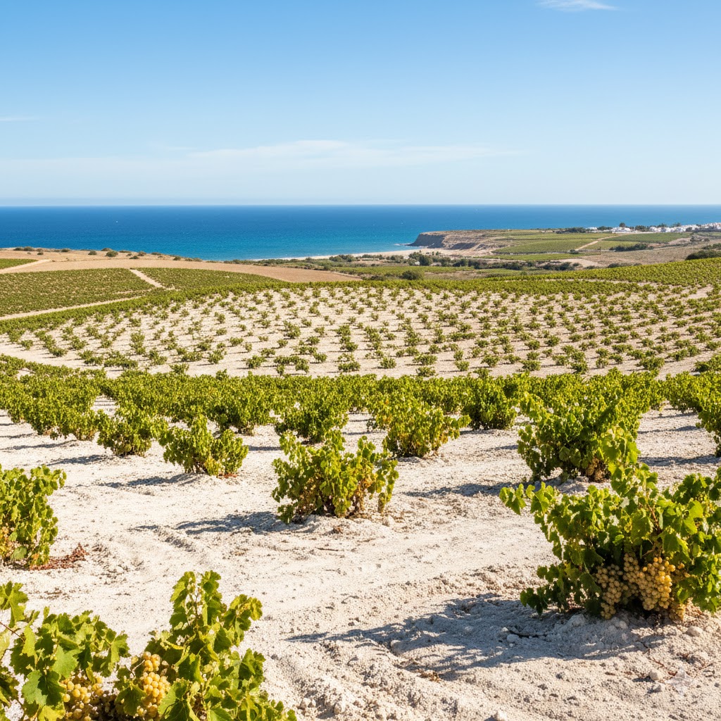 Paisaje vitícola de Cádiz, con suelos claros y cercanía del Atlántico