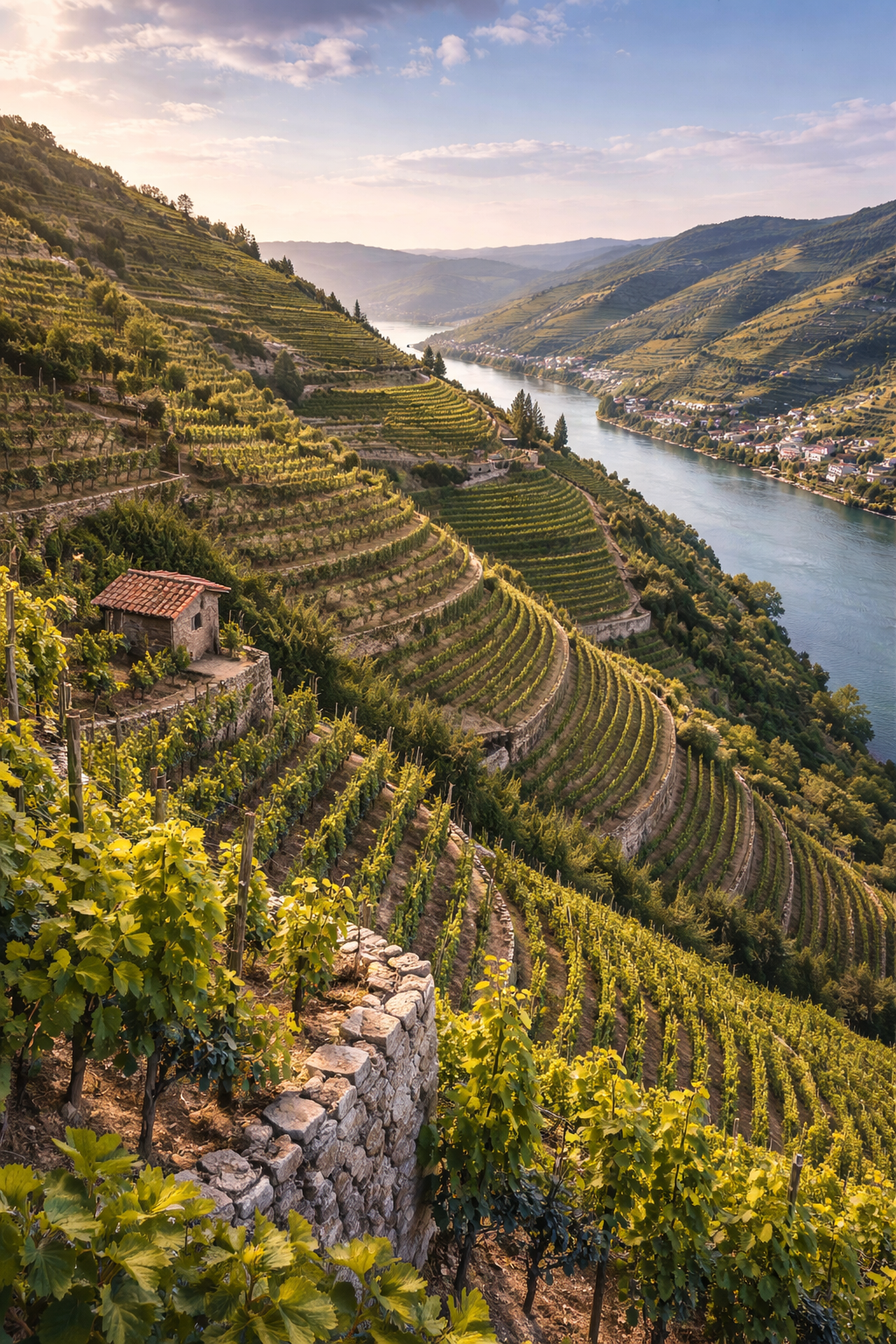 Paisaje heroico de las empinadas laderas de Condrieu con viñedos en terrazas