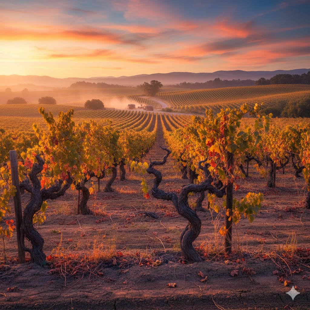 Viñedos antiguos de Zinfandel en Dry Creek Valley al atardecer, California