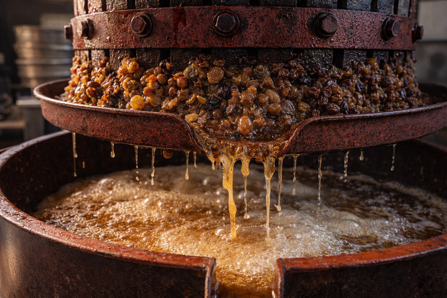 Prensa hidráulica de uva Pedro Ximénez pasificada: extracción de mosto dulce muy denso