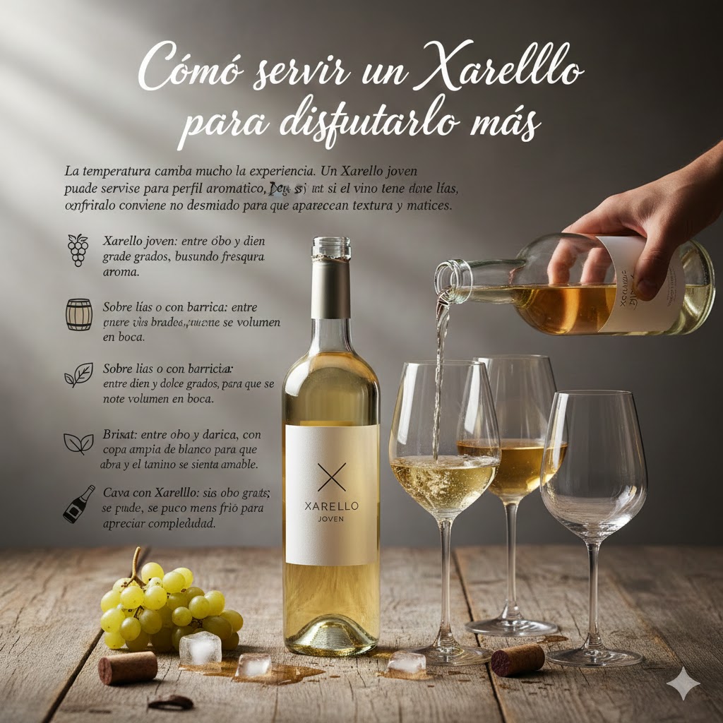 Servicio de vino Xarel·lo a temperatura adecuada, en copa de blanco