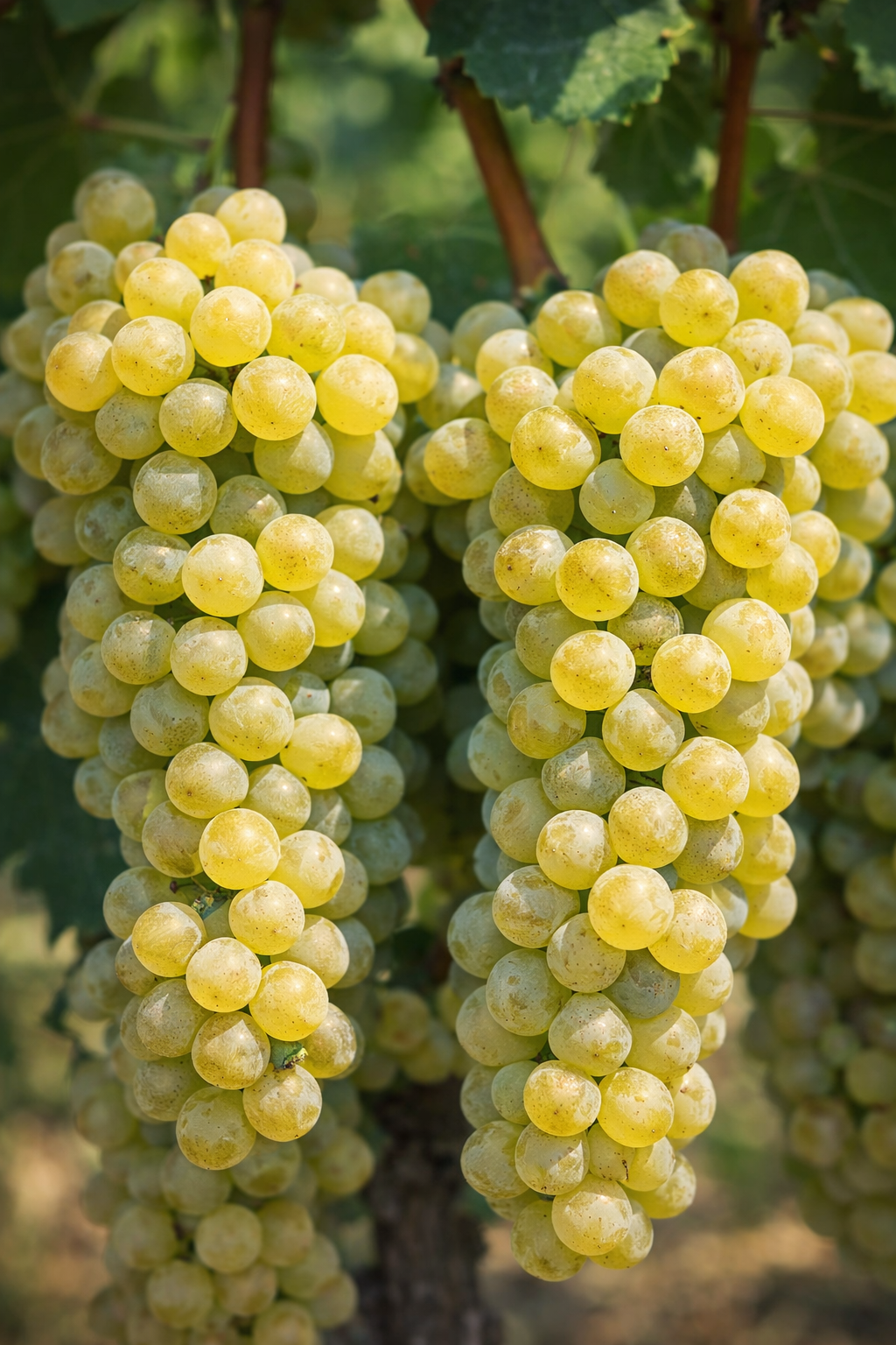 Racimos compactos de uva Arinto con bayas amarillo-verdosas de piel gruesa