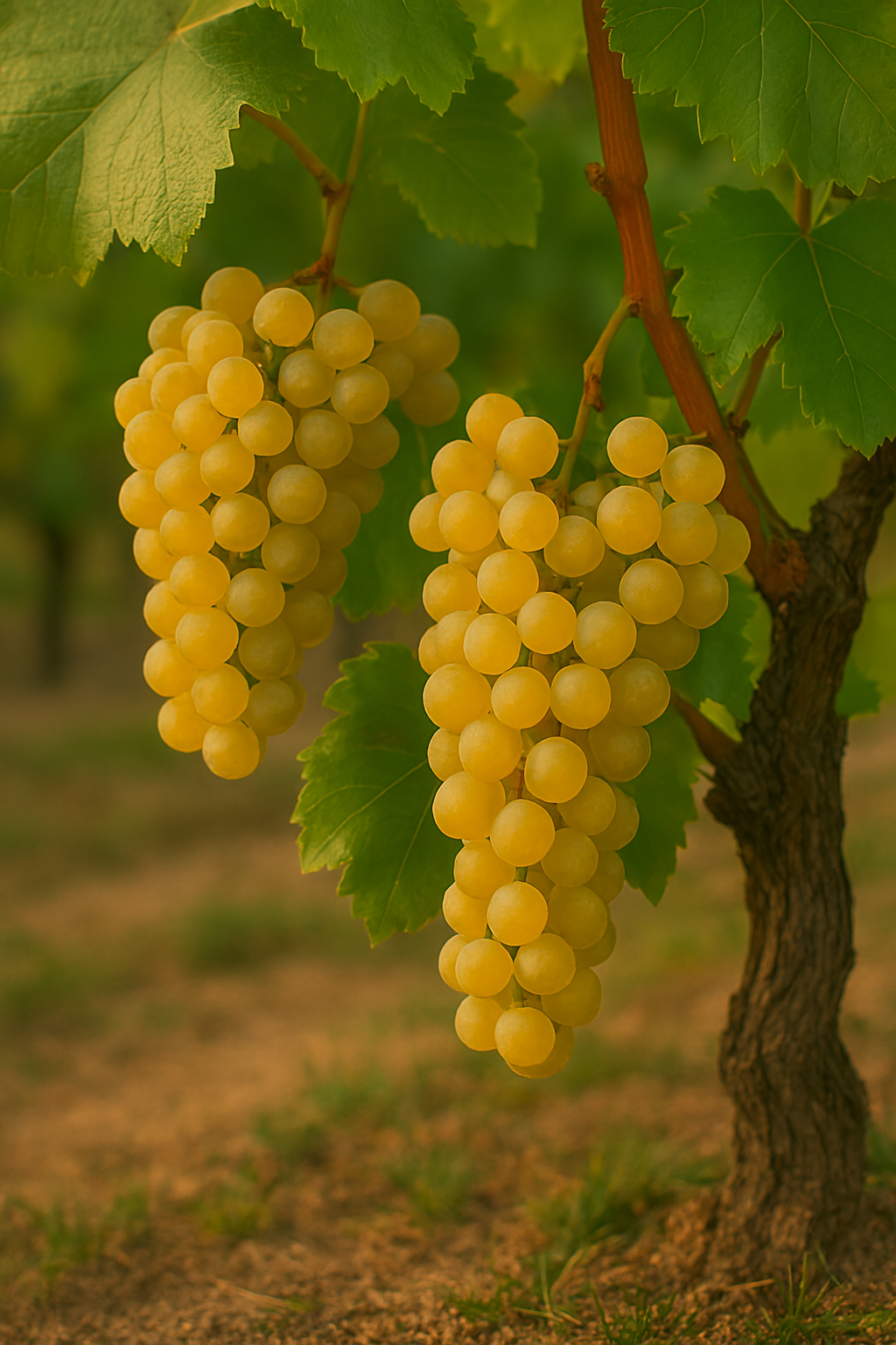 Racimos grandes y sueltos de Fernão Pires con bayas doradas y piel fina