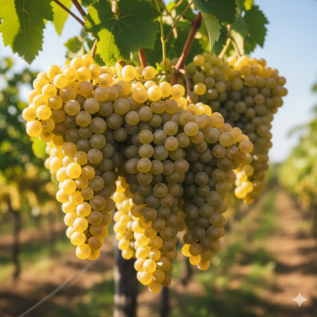 Racimos grandes y compactos de Glera con bayas amarillo-verdosas de piel fina