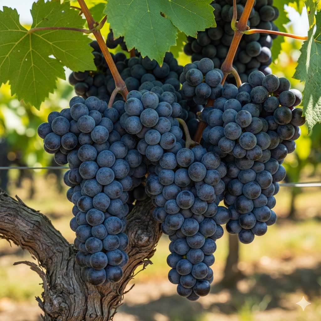 Racimos compactos de Pinotage con bayas de piel oscura y tamaño mediano