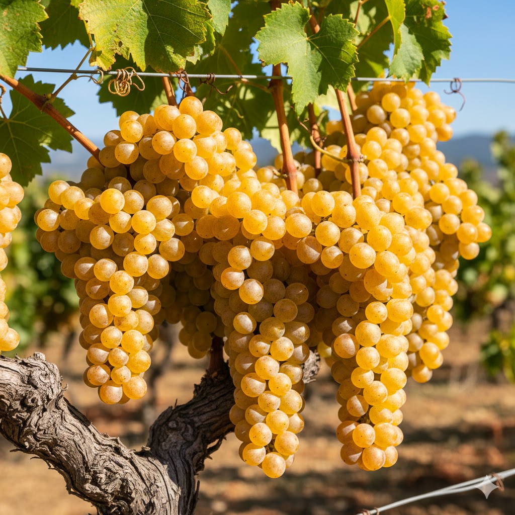 Racimos de Tempranillo Blanco con bayas doradas de piel fina, similares en forma al Tempranillo tinto
