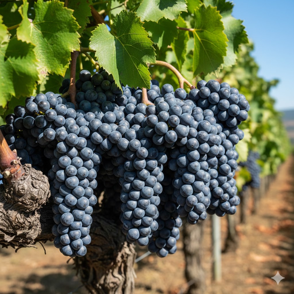Racimos compactos de Touriga Franca con bayas pequeñas de piel gruesa color azul-negro