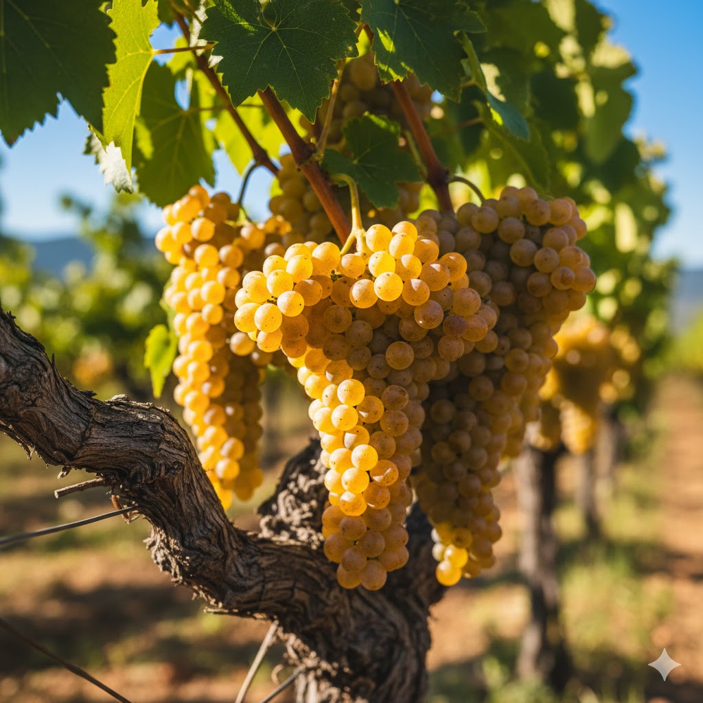 Racimos compactos de Vermentino con bayas doradas de piel fina