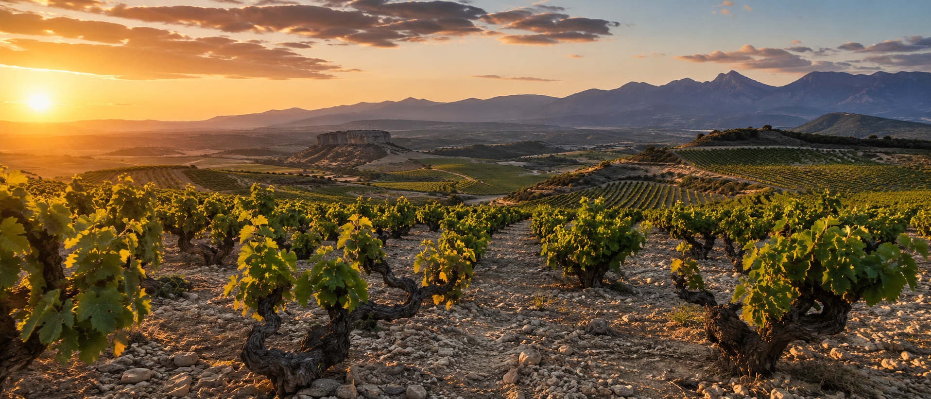 Viñedos de Aragón al atardecer con paisaje de interior, Garnacha y zonas vitivinícolas aragonesas