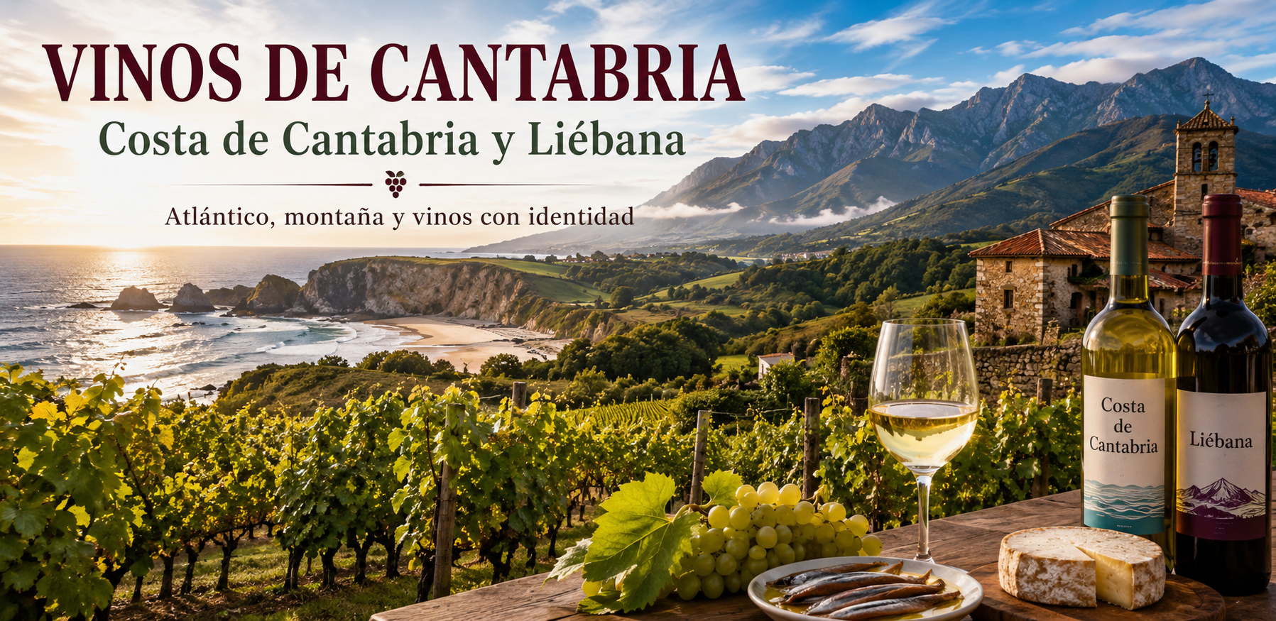 Viñedos de Cantabria entre mar, valles verdes y montañas con copa de vino blanco