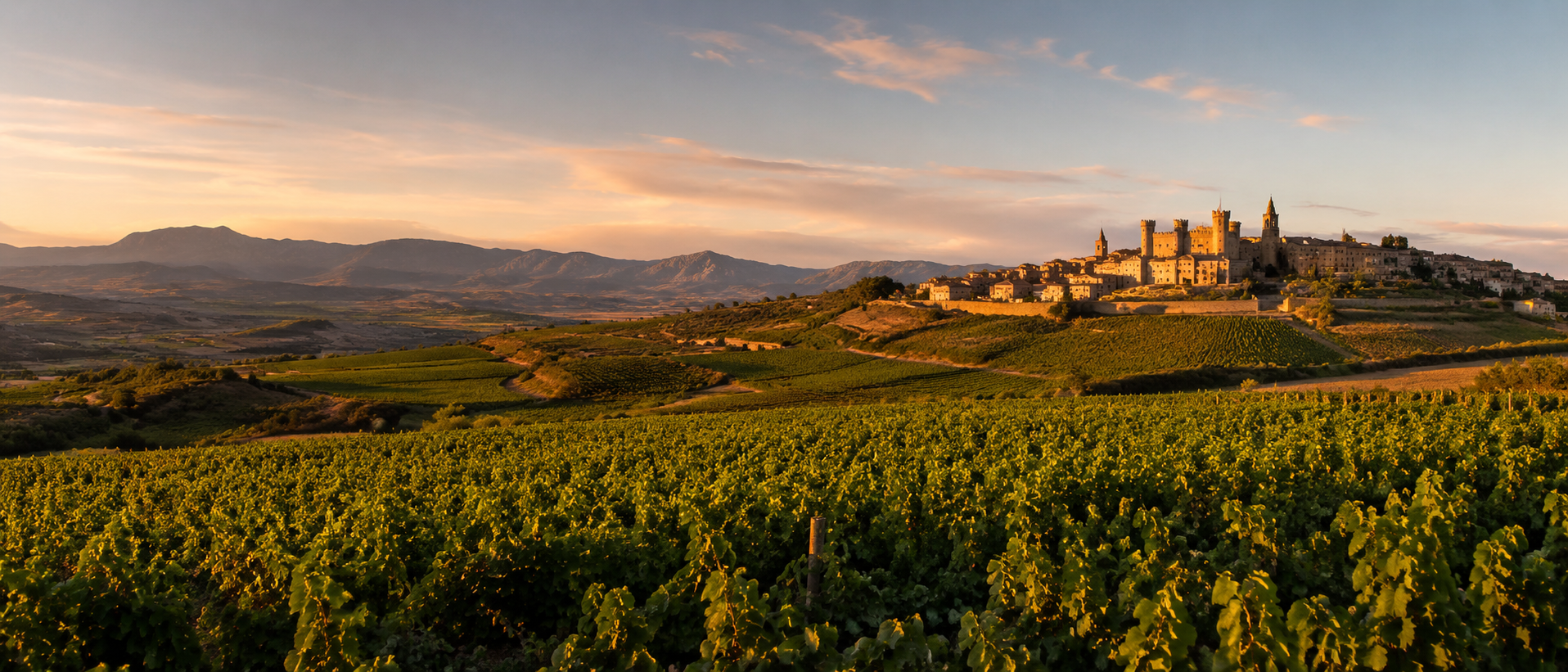 Viñedos de Navarra con colinas, castillos, pueblos y paisaje de transición entre montaña y valle del Ebro