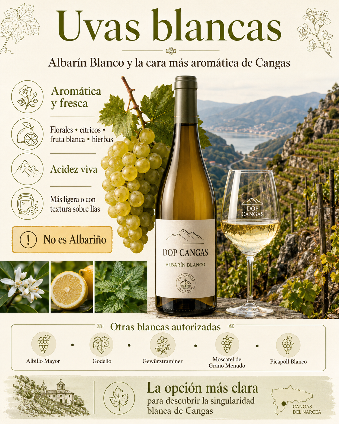 Racimos de Albarín Blanco y copa de vino blanco de la DOP Cangas