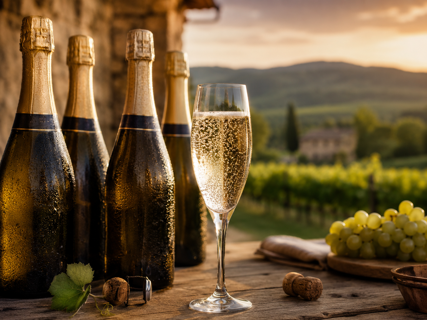 Botella y copa de Cava con ambiente de bodega y mesa mediterránea