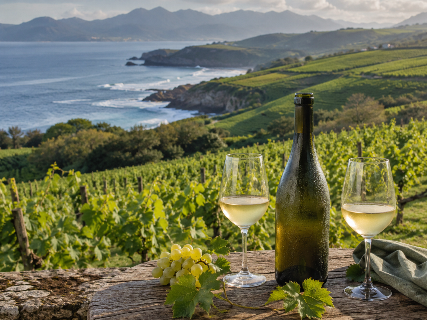 Copas de vinos blancos de Costa de Cantabria con Albariño, Godello y Riesling junto al mar