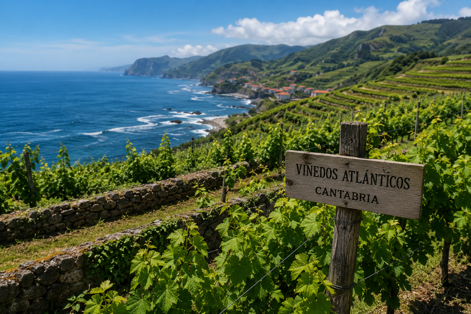 Viñedos atlánticos de Costa de Cantabria con laderas verdes, valles y mar Cantábrico