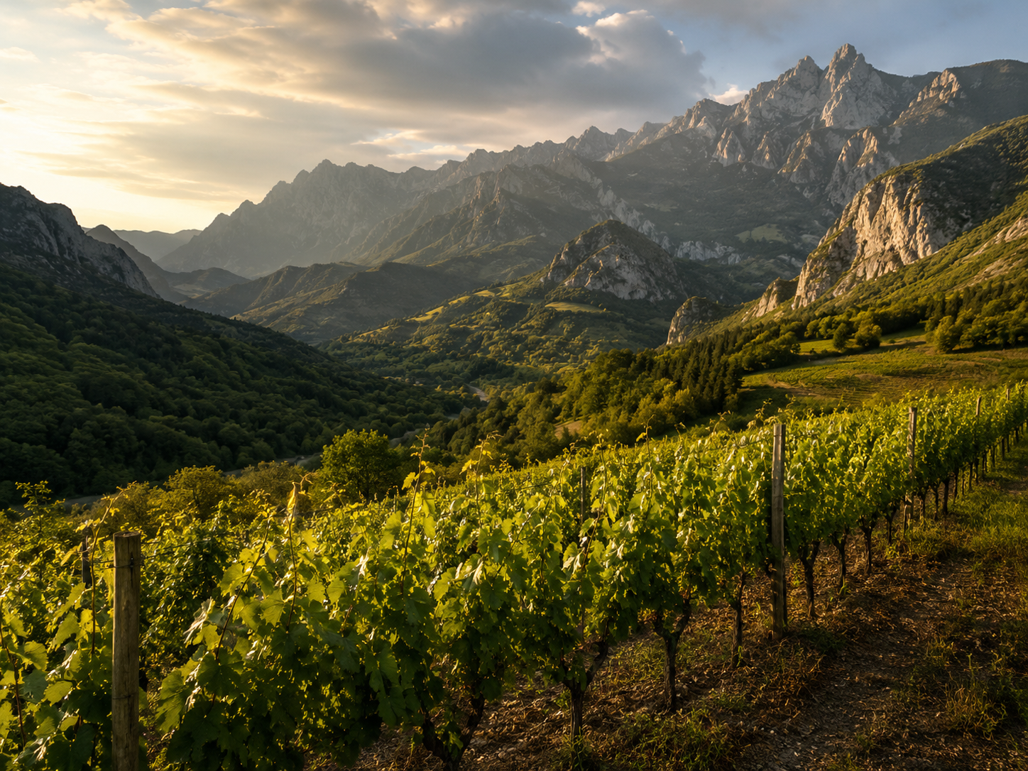 Viñedos de montaña en Liébana con laderas, pueblos, valles y Picos de Europa