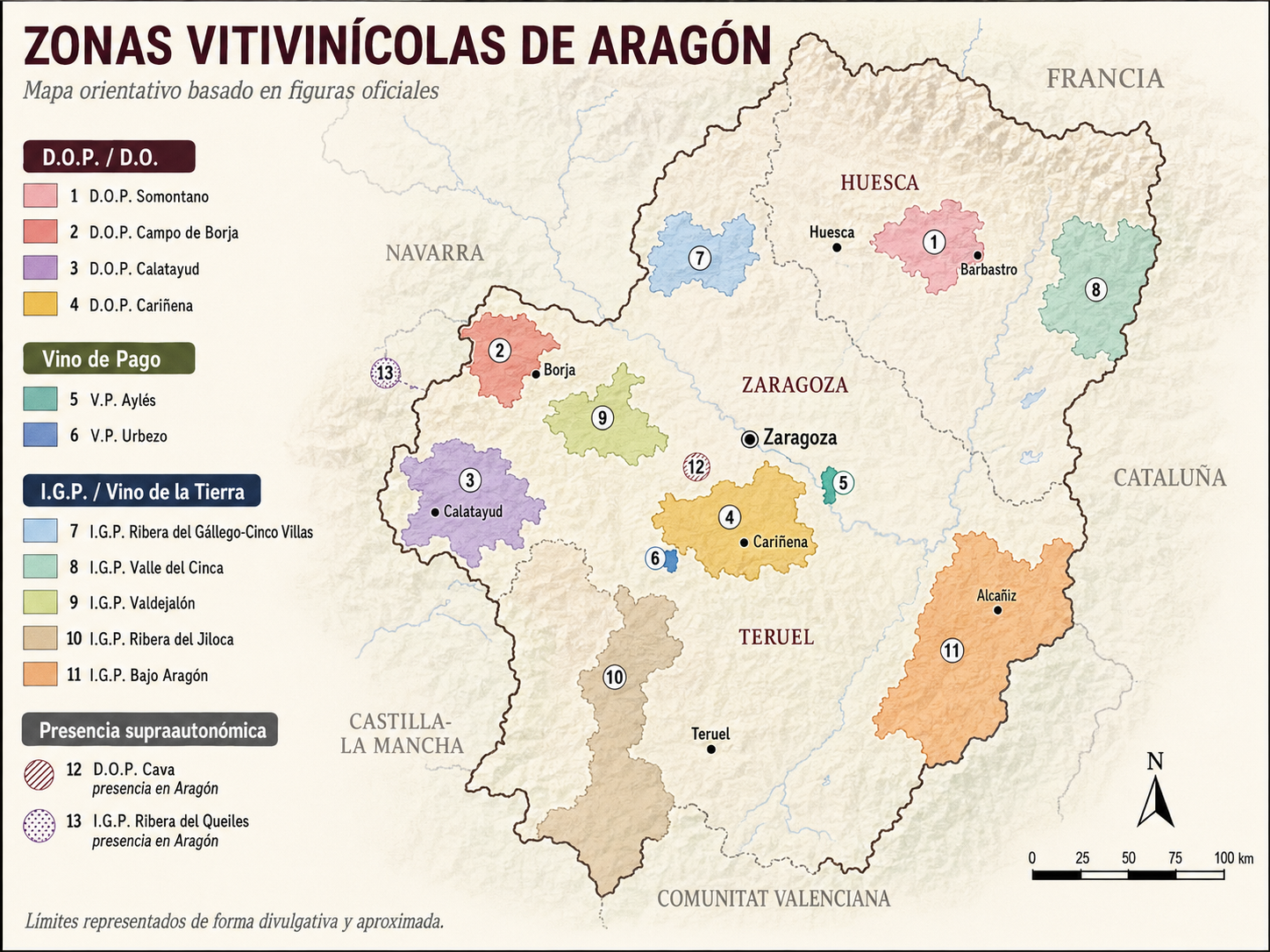 Mapa de las zonas vitivinícolas de Aragón con Calatayud, Campo de Borja, Cariñena, Somontano, Aylés, Urbezo e IGP aragonesas