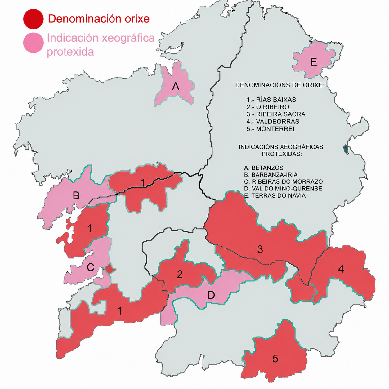 Mapa orientativo de las zonas vinícolas de Galicia con Rías Baixas, Ribeiro, Ribeira Sacra, Valdeorras, Monterrei e IGP gallegas