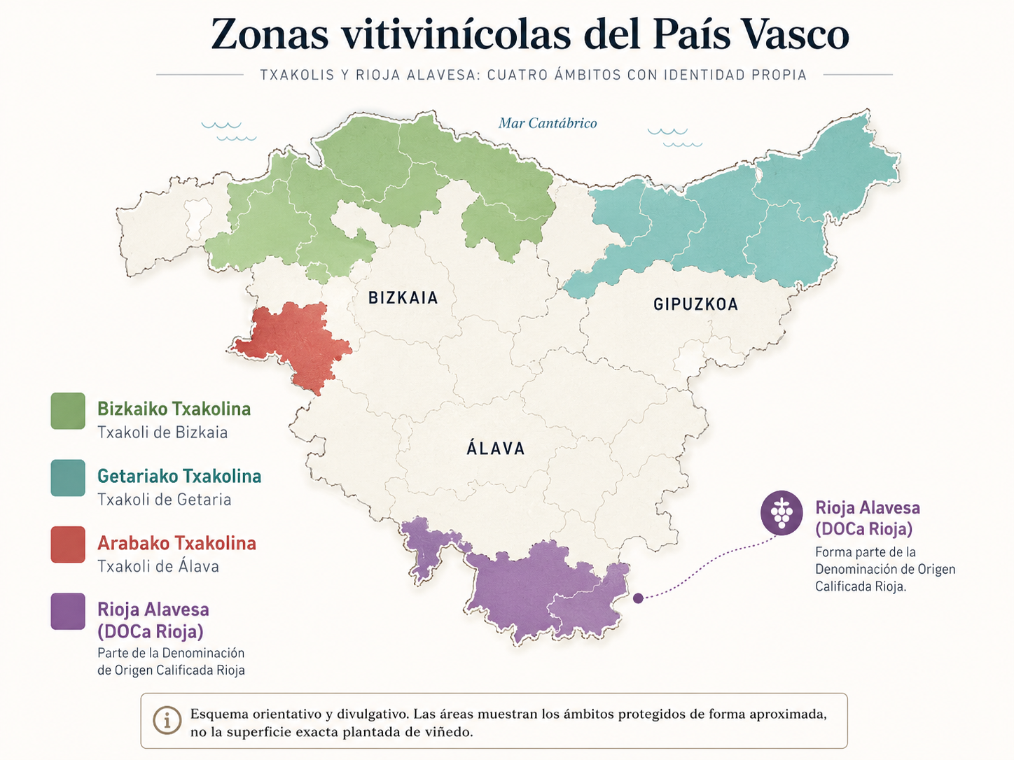 Mapa orientativo de Getariako Txakolina, Bizkaiko Txakolina, Arabako Txakolina y Rioja Alavesa