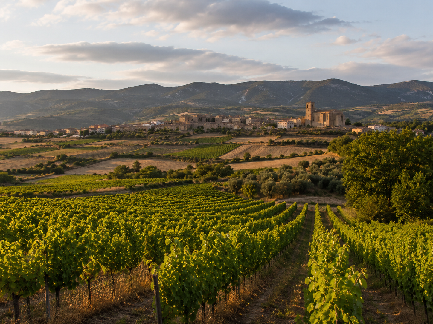Viñedos de Tierra Estella con Montejurra, laderas y pueblos del Camino de Santiago
